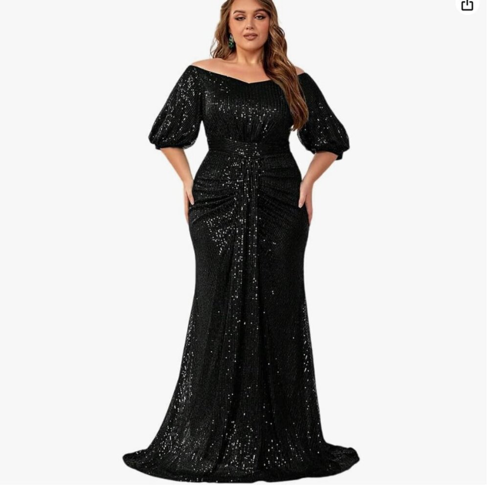 Giffniseti Plus Size Off Shoulder Puff Sleeve Sequin Evening Dress (Black, 2XL)